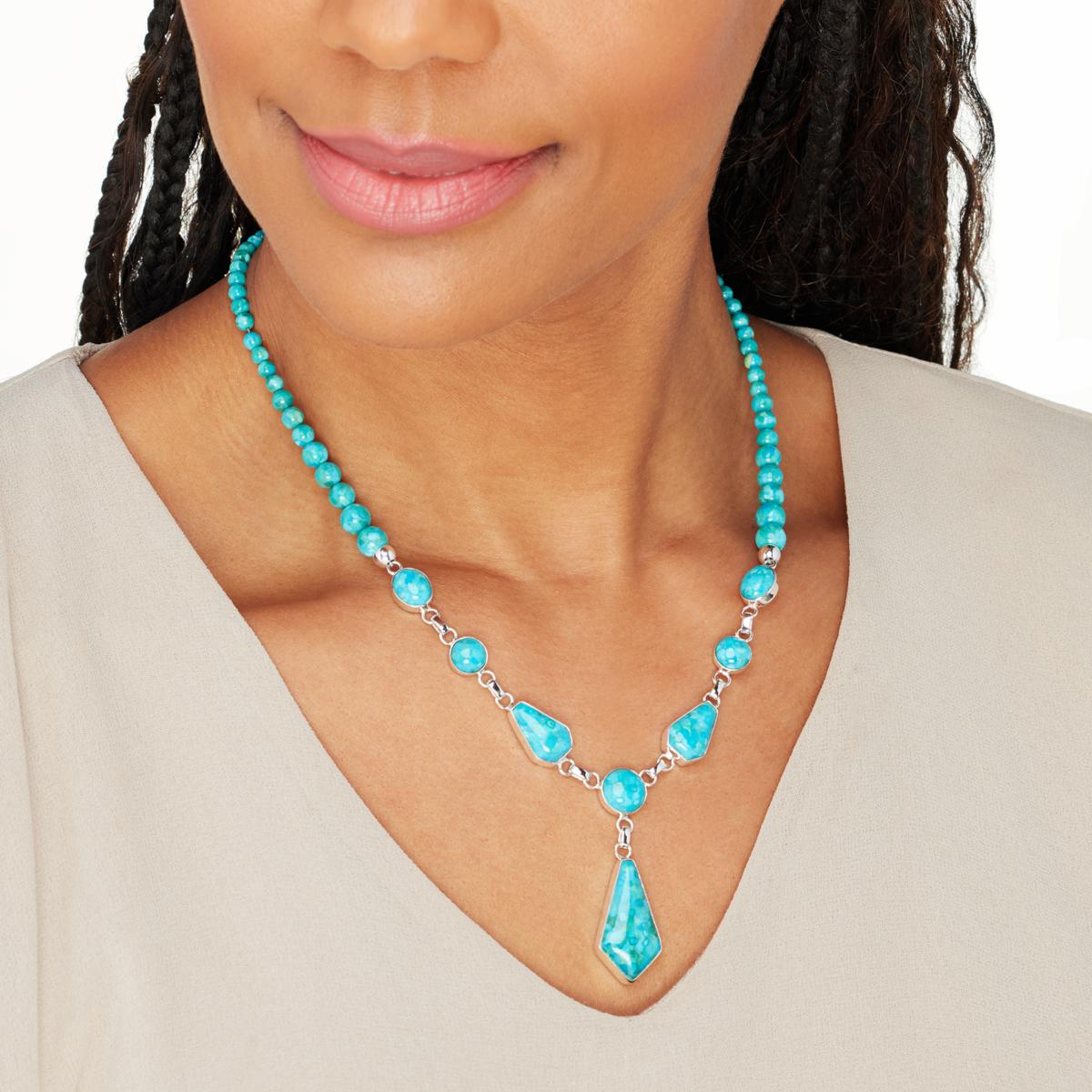 AC01-4760-22 Turquoise, mango & green necklace on fishing line - Allie-Coosh