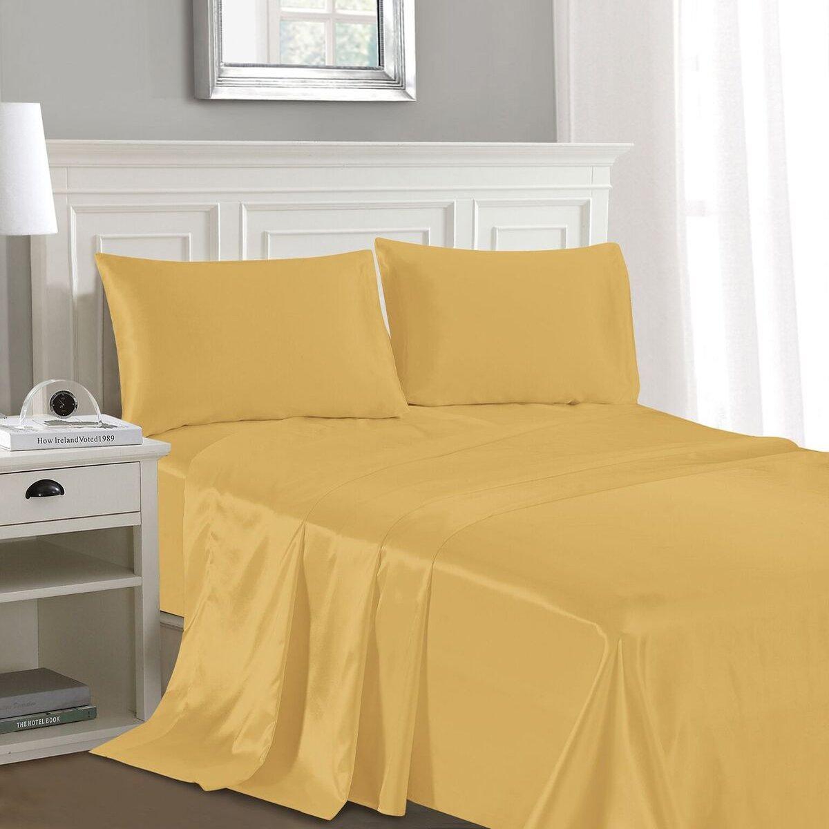 4PC Set Queen Flat Bed Sheets Satin Soft Silk Luxury Bedding