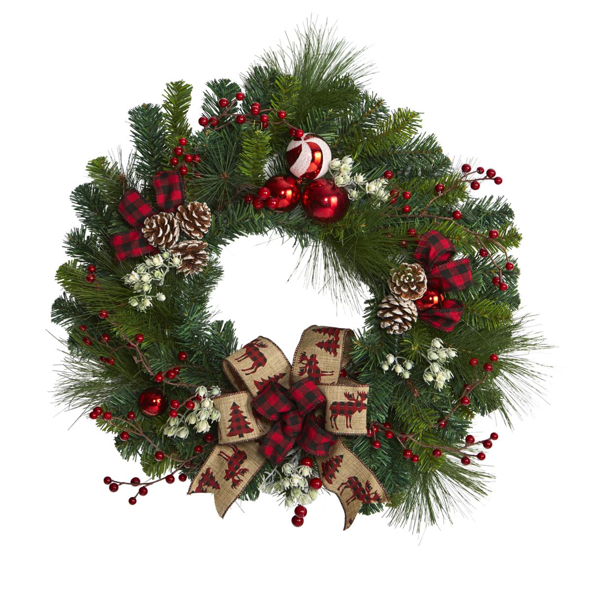 Nearly Natural 24 in. Christmas Artificial Wreath with Ornaments | HSN