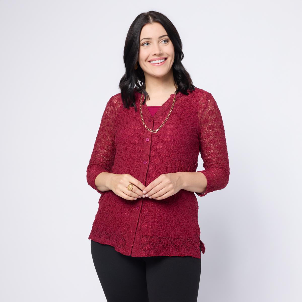 トップス LEONARD Nina Leonard 3/4-Sleeve Stretch Lace Top with Tank | HSN