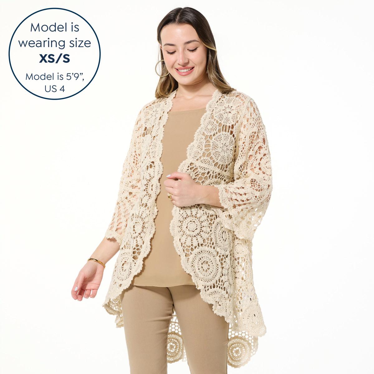 Nina Leonard Bell-Sleeve Open Front Crochet Cardigan
