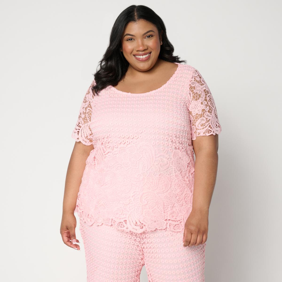 Nina Leonard Border Lace Elbow Sleeve Top | HSN