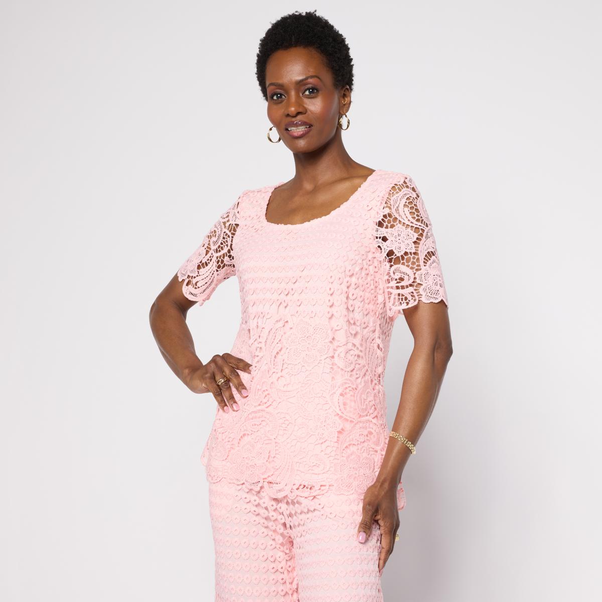 Nina Leonard Border Lace Elbow Sleeve Top | HSN