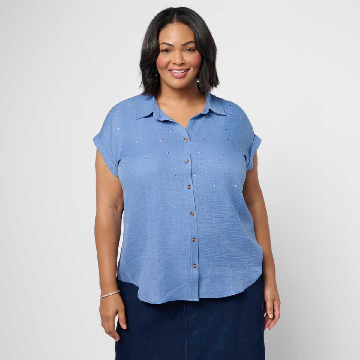 Nina Leonard Collared Button Front Sleeve Shirt | HSN