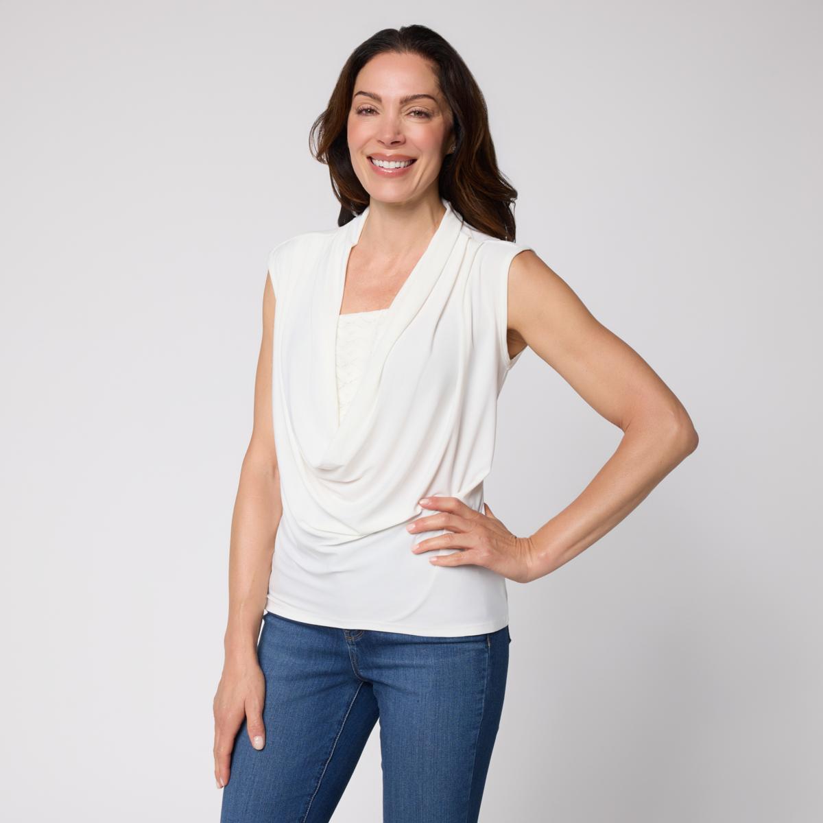 Nina Leonard Drape Neck Sleeveless Knit Top | HSN