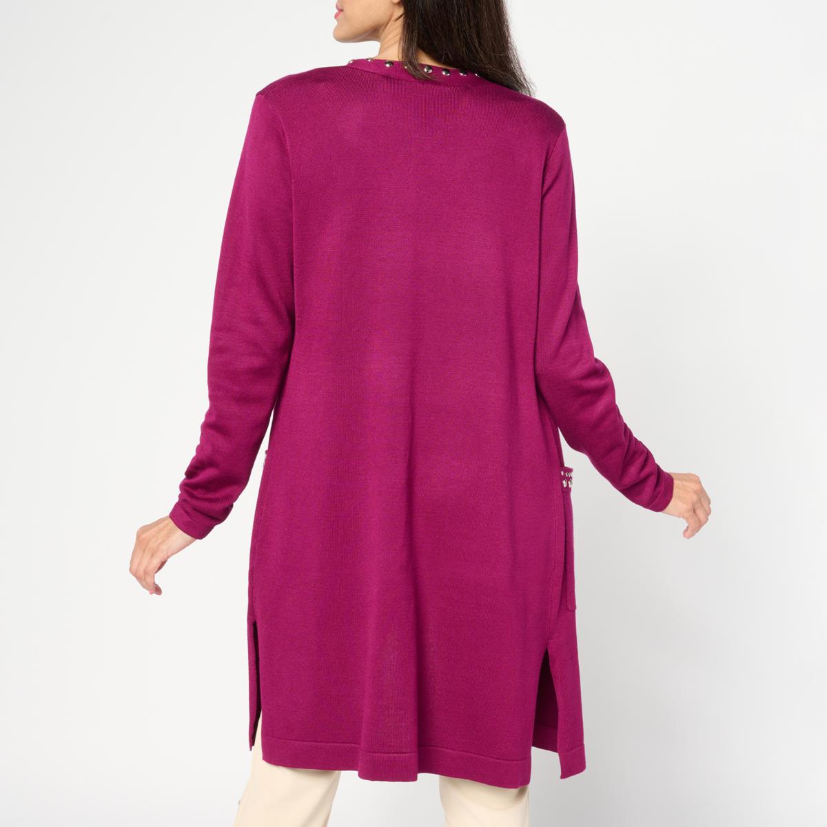 Nina Leonard Long-Sleeve Sweater Knit Studded Cardigan | HSN