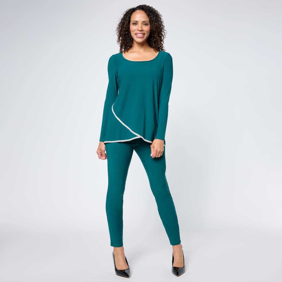 Nina Leonard Long Sleeve Tulip Hem Top and Pant 2-piece Set | HSN