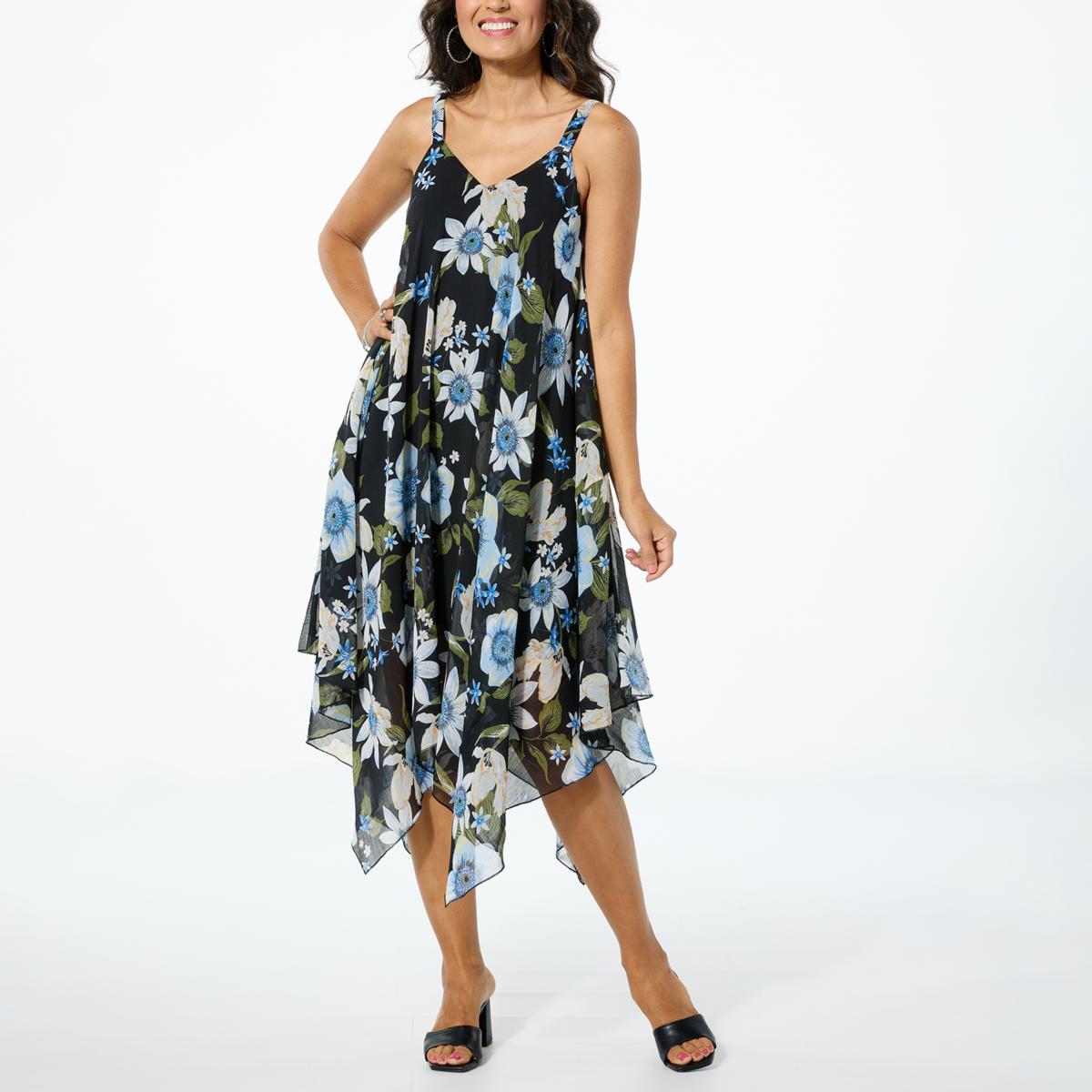 Nina Leonard Sleeveless Printed Chiffon Uneven Hem Dress