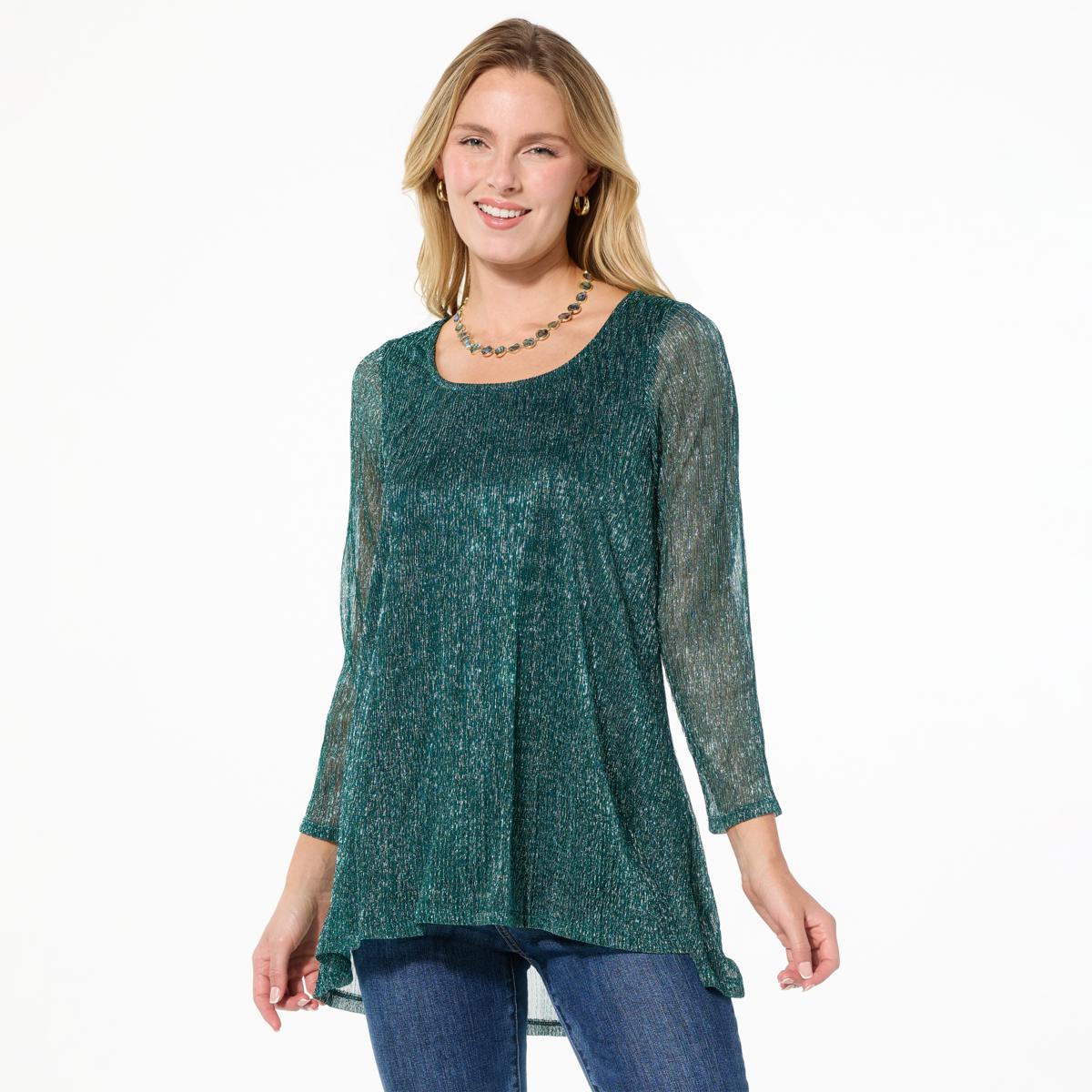 Nina Leonard Sparkle Knit Hi-Low Hem 3/4-Sleeve Tunic - 23349726 | HSN