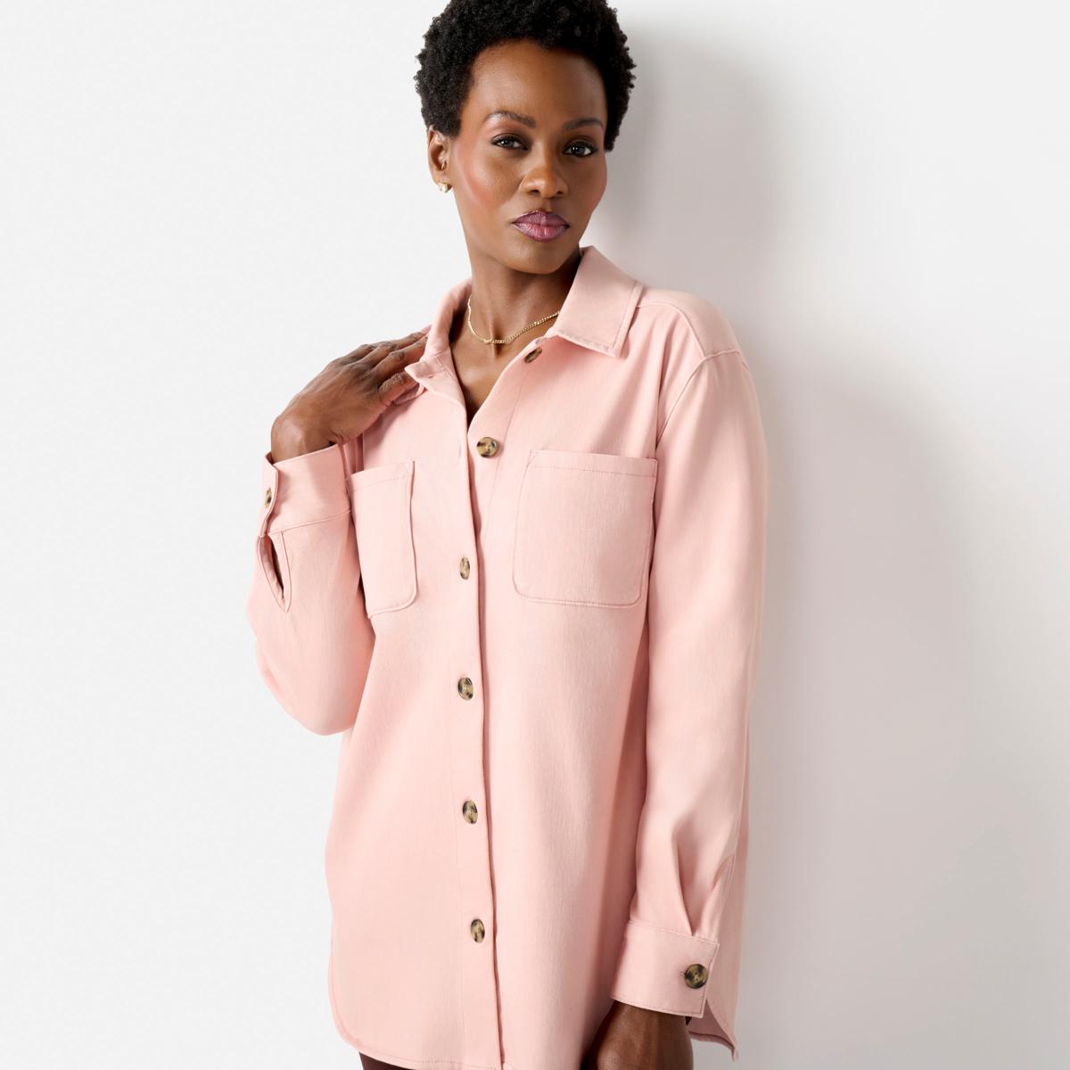 Nina Leonard Stretch Knit Denim Collared Shirt | HSN