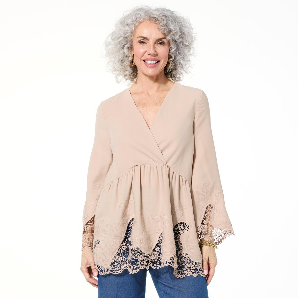 Nina Leonard Surplice Neck Bell Sleeve Hi-Low Top - 23361813