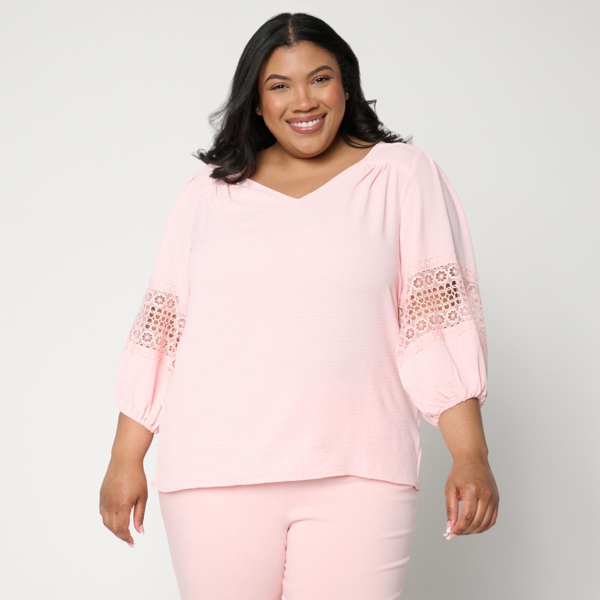 Nina Leonard Textured Wave Balloon Sleeve V-Neck Top | HSN