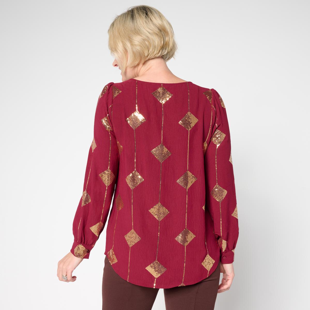 Nina Leonard Textured Wave Sequined Balloon Sleeve Top | HSN