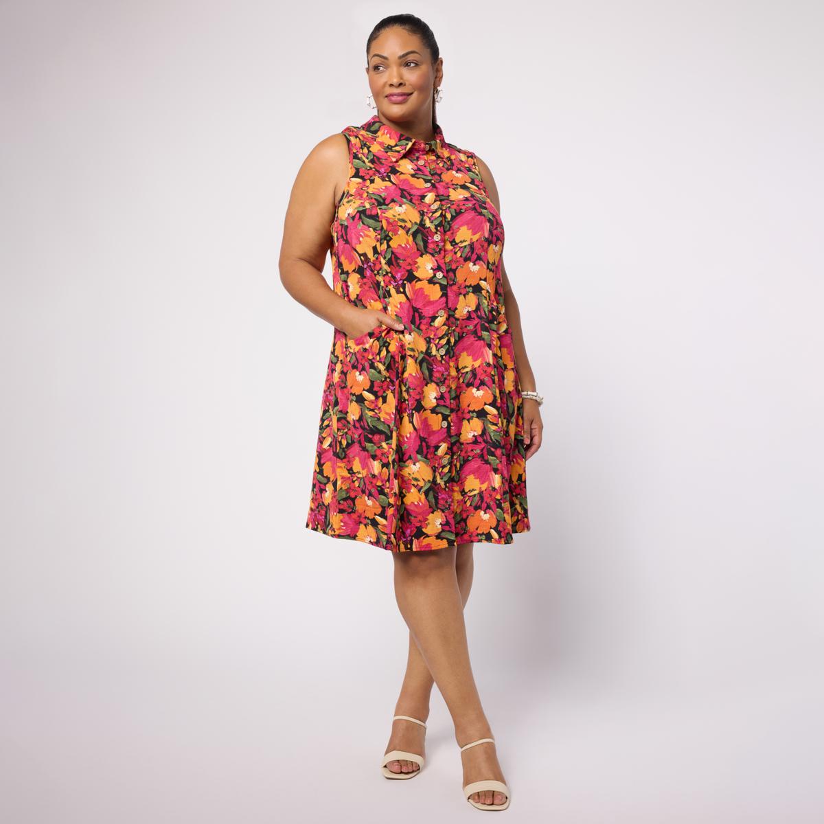Nina Leonard Textured Wave Sleeveless Collared Shirtdress | HSN