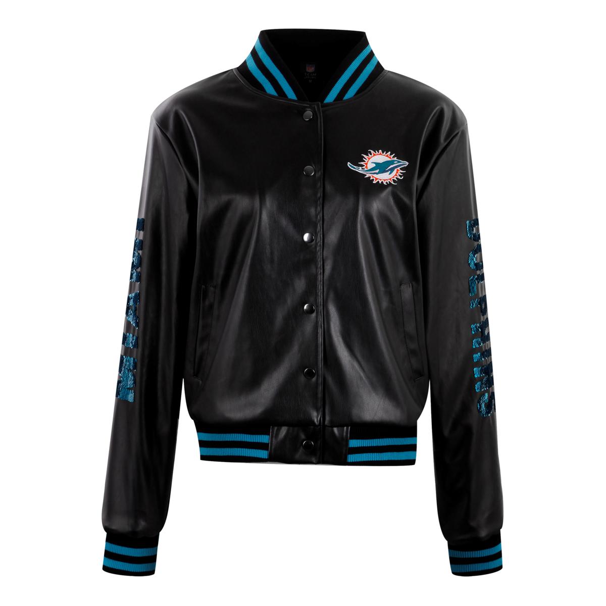 Dolphins レザー ジャケット NFL Officially Licensed NFL Sequin Logo Faux Leather Bomber