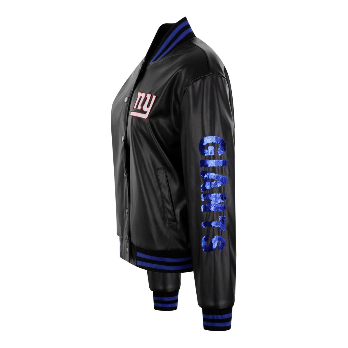 Officially Licensed NFL Sequin Logo Faux Leather Bomber Jacket 