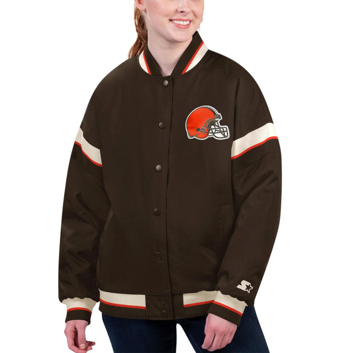 Cleveland Browns Fanatics Branded Women's Lounge Full-Snap Varsity Jacket -  Tan