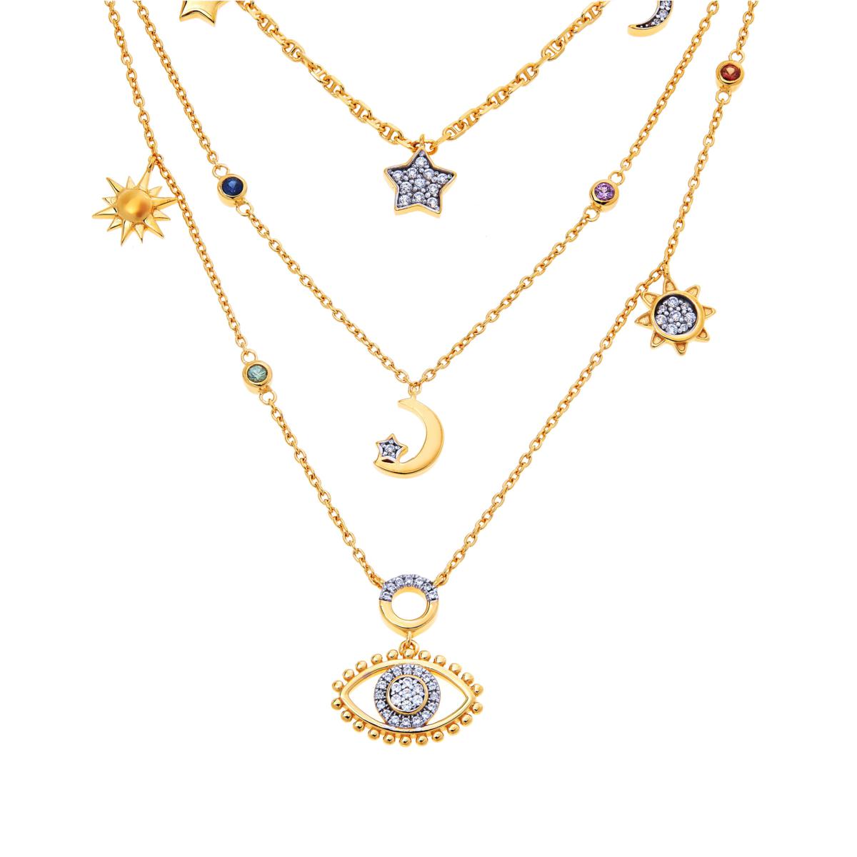 Rarities CB Couture 18" Multi Sapphire and Gem Evil Eye 3-Row Necklace