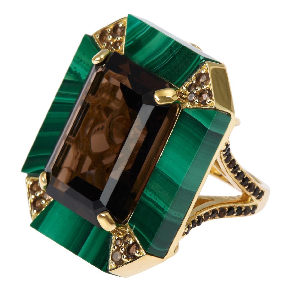 Rarities Smoky Quartz and Malachite Gold-Plated Ring - 21045863