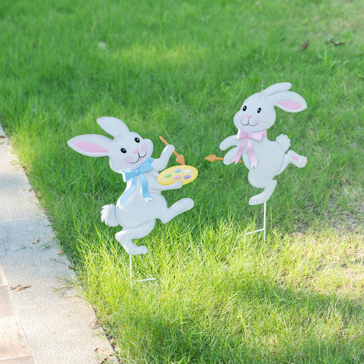 Set of 2 Easter Metal Bunny Yard Stakes | HSN