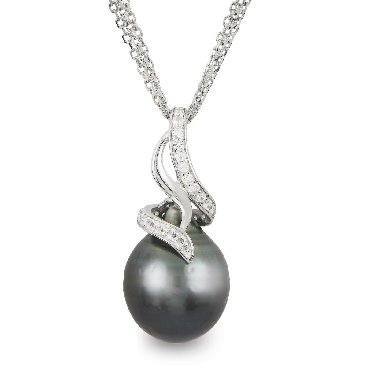 Sterling Silver 11-12mm Cultured Tahitian Pearl and Topaz Necklace -  22893220