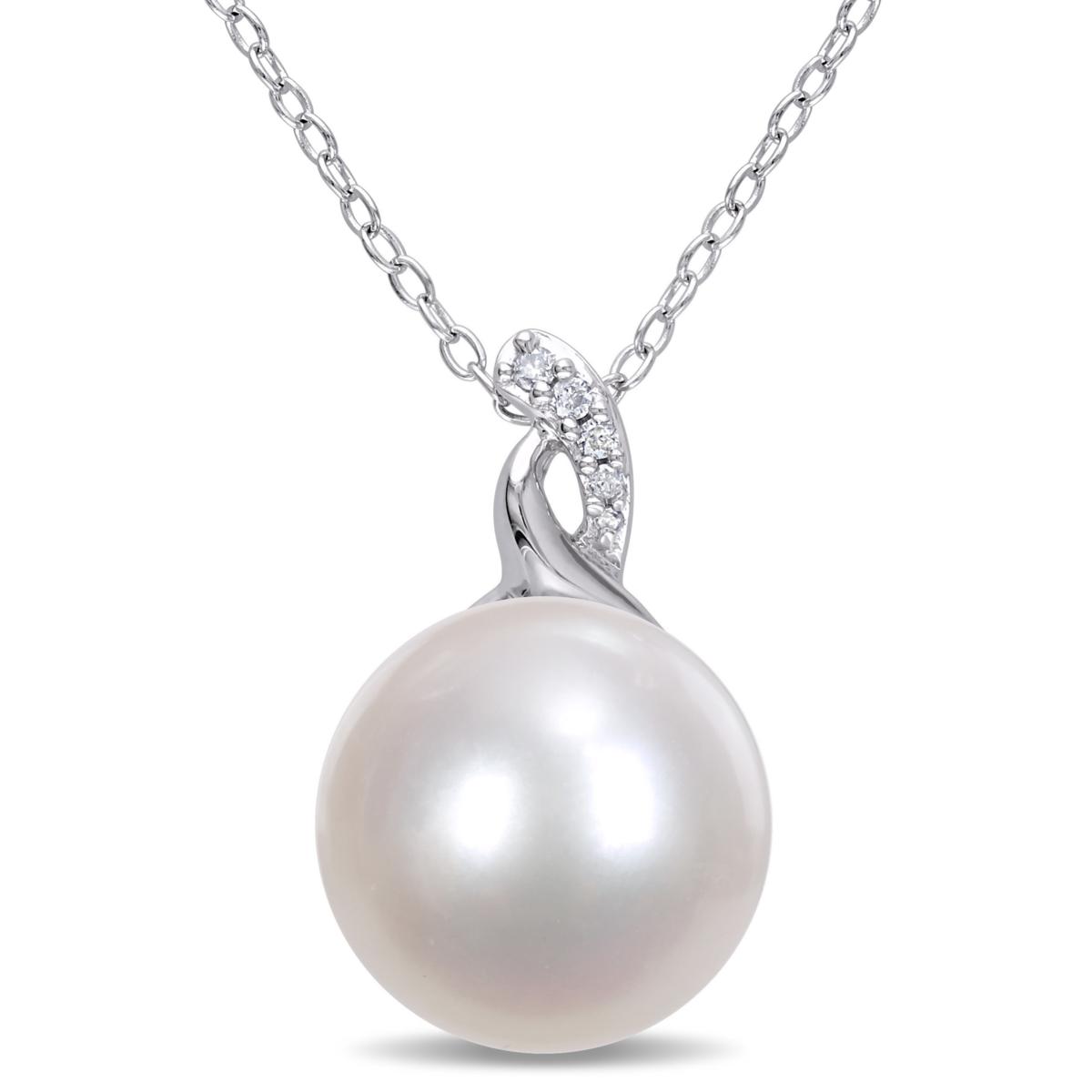 Sterling Silver 12-12.5mm Pearl and Diamond Twist Pendant with Chain ...