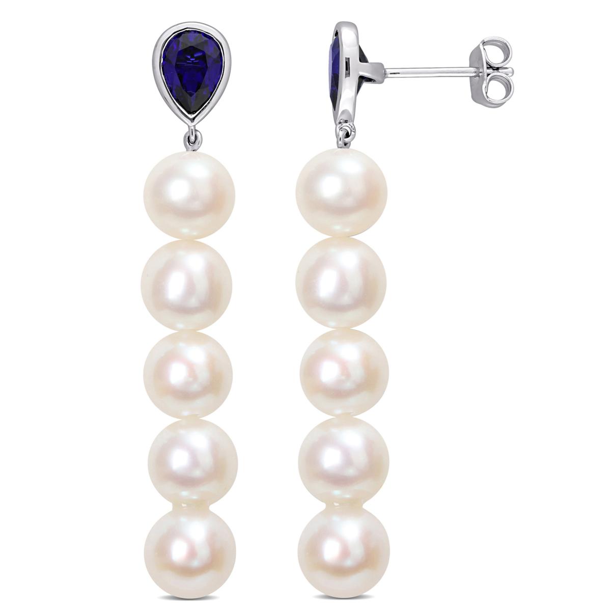 Sterling Silver Pearl and Created Blue Sapphire Dangle Earrings