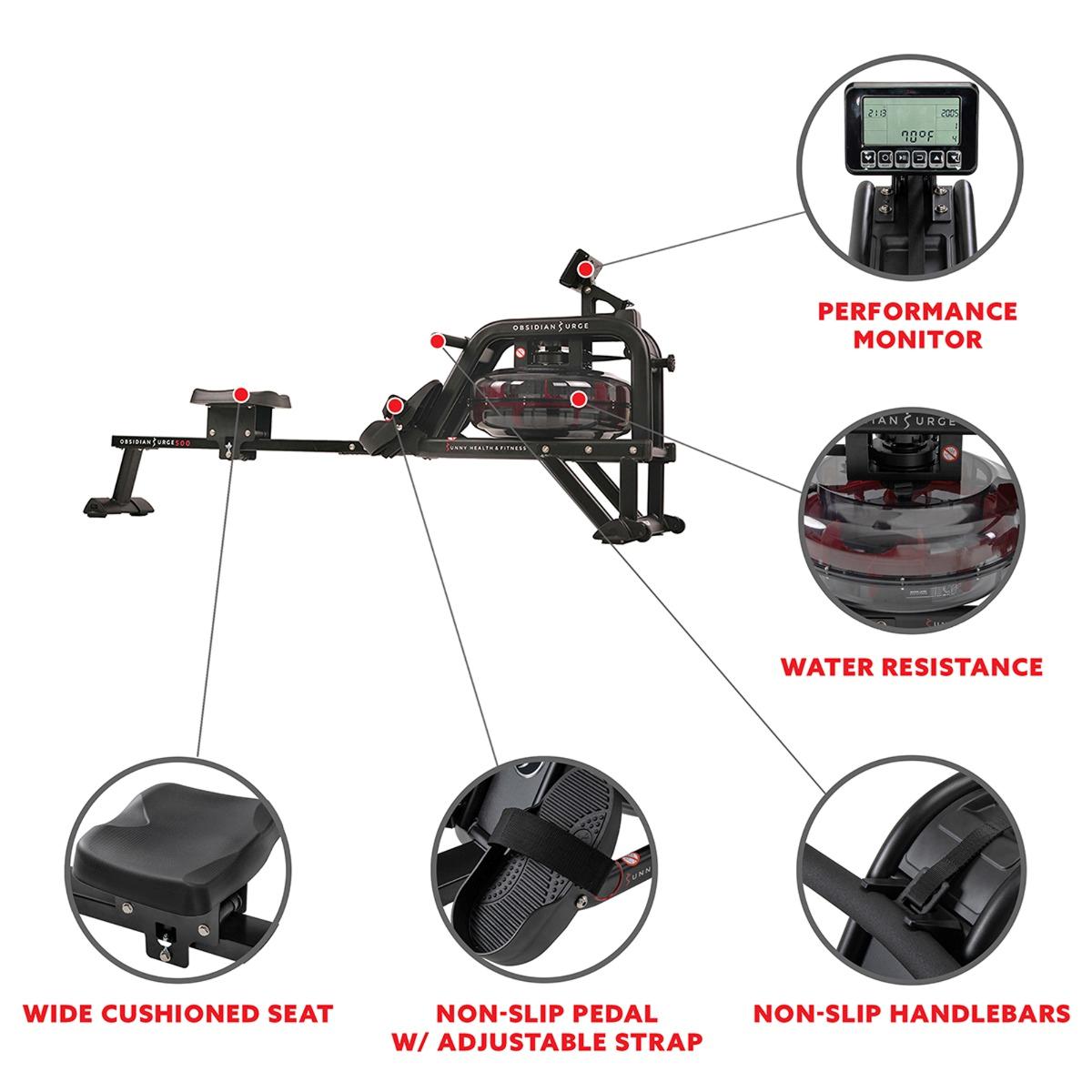 Sunny Health Fitness Obsidian Surge 500M Water Rowing Machine