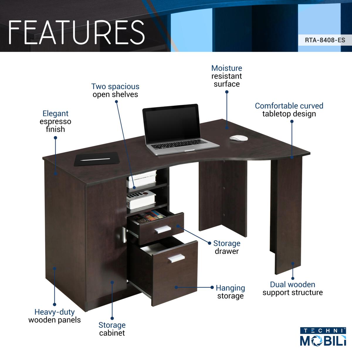 Techni Mobili Complete Workstation Computer Desk with Storage, Espresso