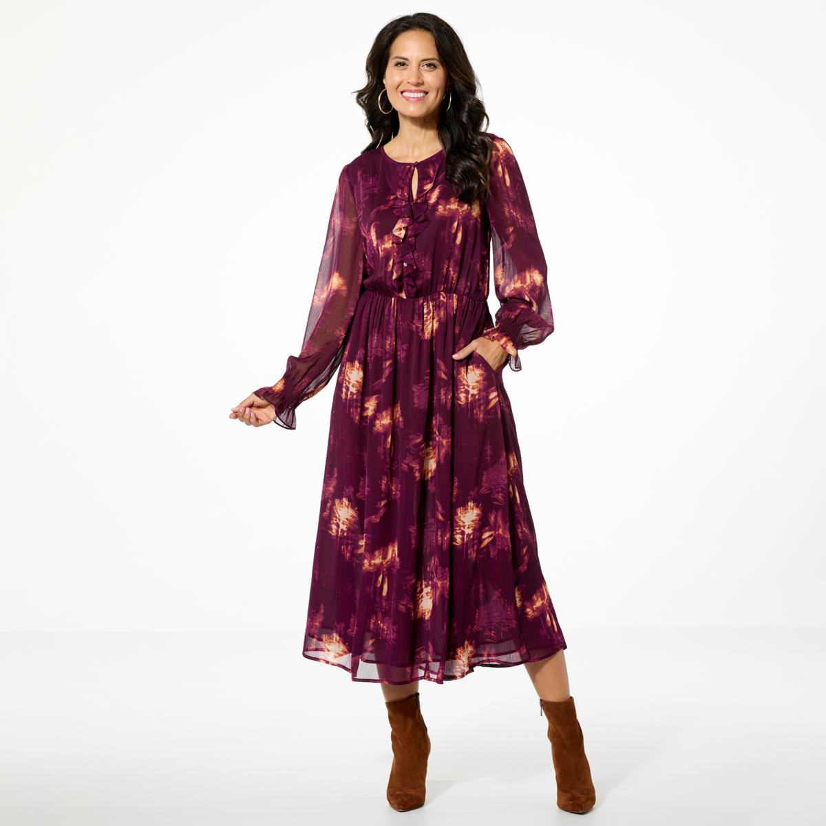 Tower Hill by Christie Brinkley Crinkle Chiffon Ruffle Front Maxi - Pattern/Print - Size Medium