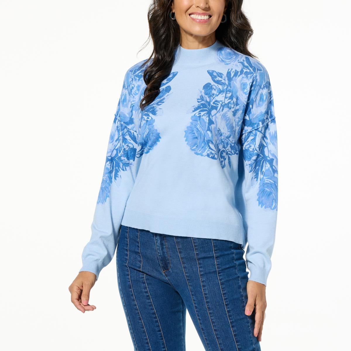 TWRHLL by Christie Brinkley Vintage Floral Print Mock-Neck Sweater