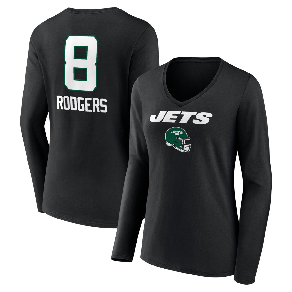 Women s Fanatics Aaron Rodgers New York Jets Black Team Wordmark Long Sleeve V Neck T Shirt