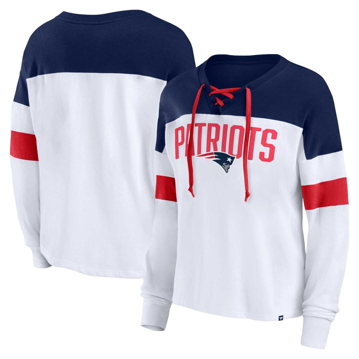 Women s Fanatics White Navy New England Patriots Plus Size Even Match Lace Up Long Sleeve V HSN