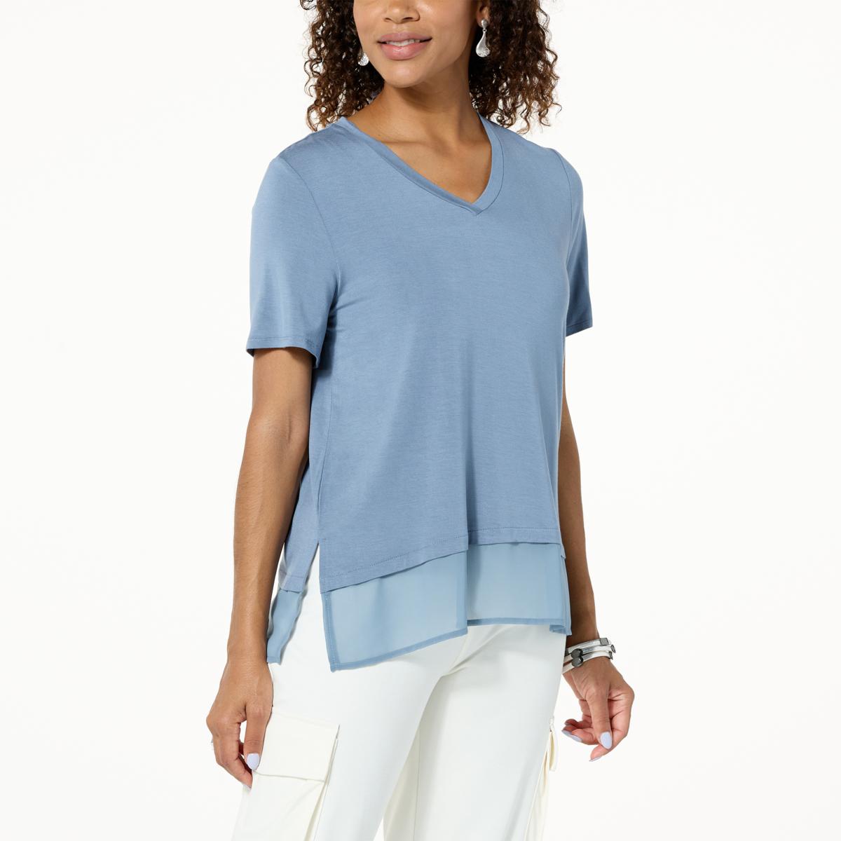 WynneLayers V-Neck Short Sleeve Tee with Chiffon Hem - 20638685 | HSN