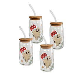 10 Strawberry Street Retro Boo Glass Tumbler, Straw & Lid, Set Of 4