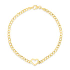 14K Yellow Gold Heart Station Curb Chain Bracelet