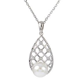 18" 8-9mm Cultured Pearl and Created Sapphire Lattice Drop Necklace