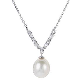 18" 9-9.5mm Cultured Pearl and Created Sapphire Mini Y-Drop Necklace