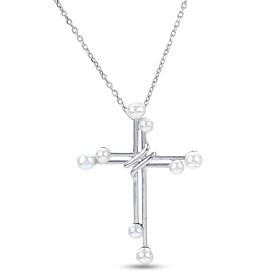 18" Sterling Silver 2-3.5mm Cultured Pearl Cross Pendant Necklace