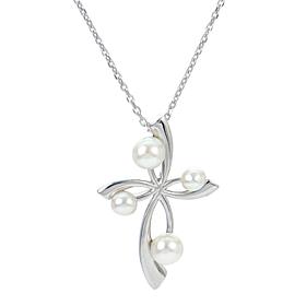18" Sterling Silver 3-4.5mm Cultured Pearl Cross Pendant Necklace