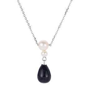 18" Sterling Silver 3.5-6.5mm Cultured Pearl and Onyx Drop Necklace
