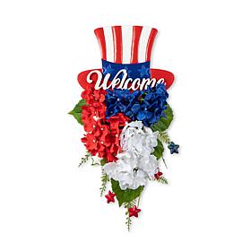 22.5"H Patriotic/Americana Metal Top Hat & Hydrangea Swag Door Décor
