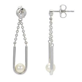 4-5mm Cultured Pearl and White Topaz U-Shaped Drop Earrings