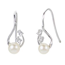 5.5-6mm Cultured Pearl and Created Sapphire Floral Hook Earrings