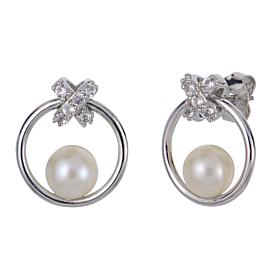 6-6.5mm Cultured Pearl and Created White Sapphire Bow Hoop Earrings