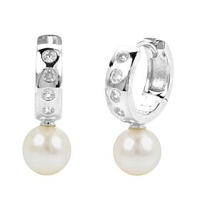 7-7.5mm Cultured Pearl and Created Sapphire Bar Hoop Drop Earrings