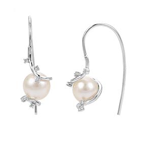 7.5-8mm Cultured Pearl and White Topaz Floral Hook Earrings
