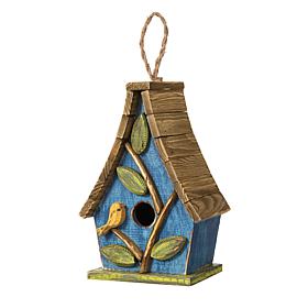 9.5"H Washed Blue Distressed Solid Wood Birdhouse w/Natural Wood Slat