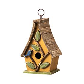 9.5"H Washed Yellow Distressed Wood Birdhouse w/Natural Wood