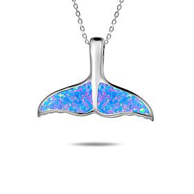 Alamea Sterling Silver Synthetic Blue Opal Whale Tail Pendant